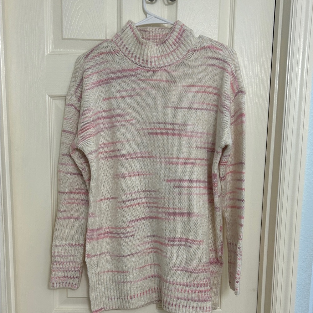 Loft Cozy Cream and Pink Marled Turtleneck Sweater